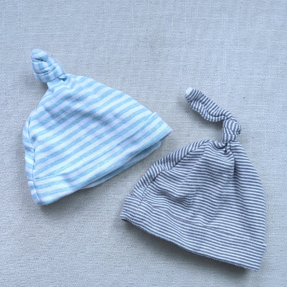 FREE WITH PURCHASE - Pair Of Knotted Baby Hats in Blue and Gray Stripes
